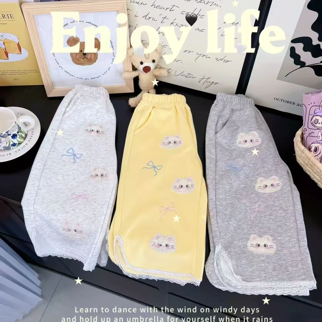 秋季新款可爱猫咪蝴蝶结女童花边直筒裤百搭休闲