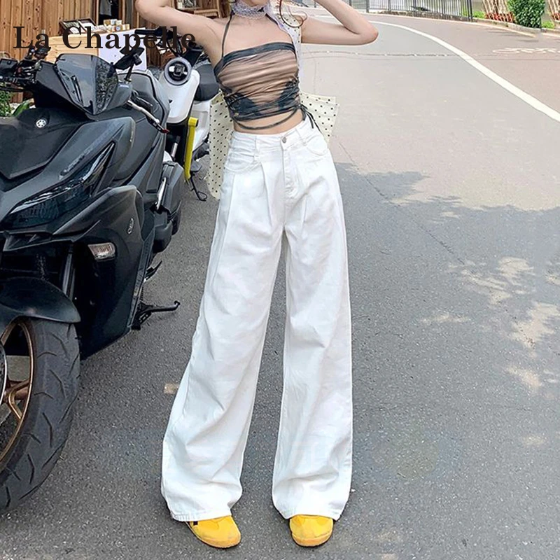 拉夏贝尔白色高腰阔腿牛仔裤女2025秋季梨形身材纯欲慵懒风女装