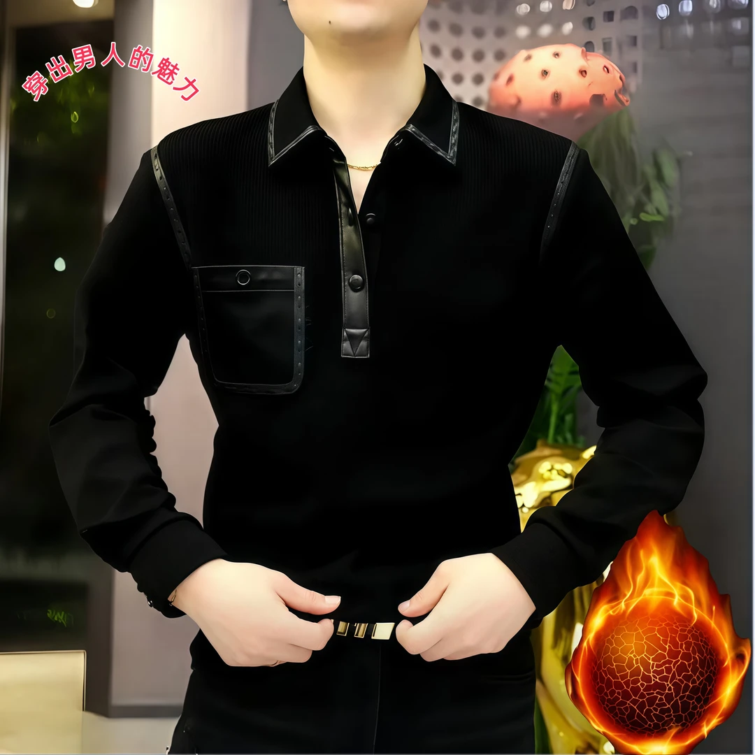 2025年翻领纽扣套头卫衣修身秋冬季潮流加绒男士长袖轻奢时尚