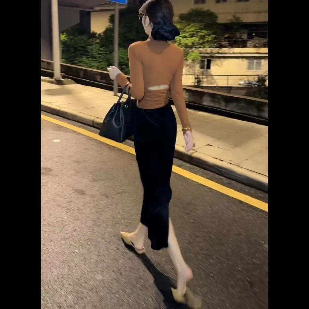 气质显瘦高级干练直筒中长裙丝绒半身裙