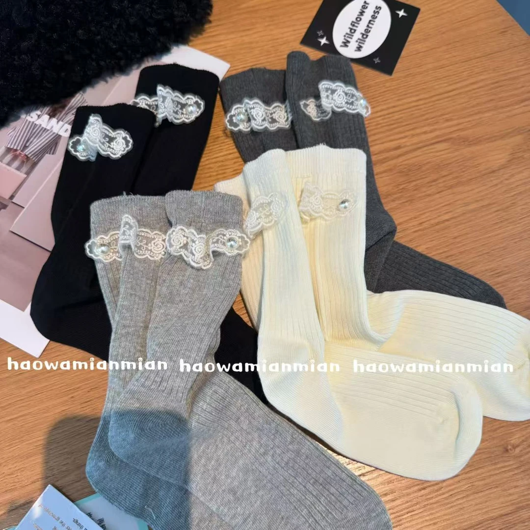 欧货袜子女轻奢重工纽扣蕾丝布标中筒袜韩版洋气百搭堆堆袜ins女