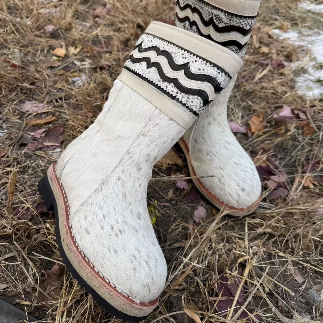 蒙古马毛靴内里羊毛一体防滑毡子底民族风雪地靴雪地棉