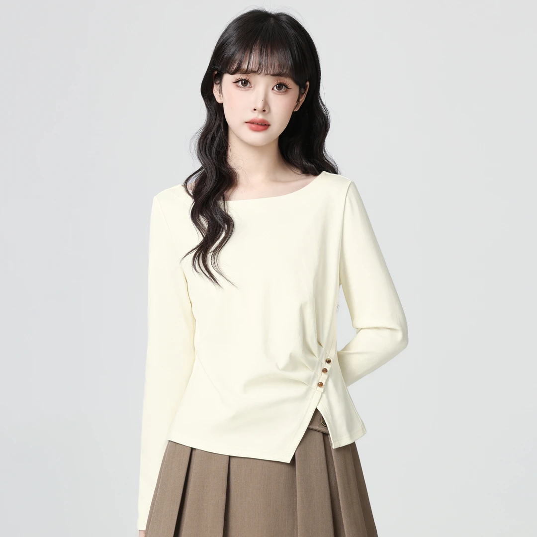 杏色圆领长袖T恤女秋2025春秋新款不规则下摆开叉内搭打底衫上衣