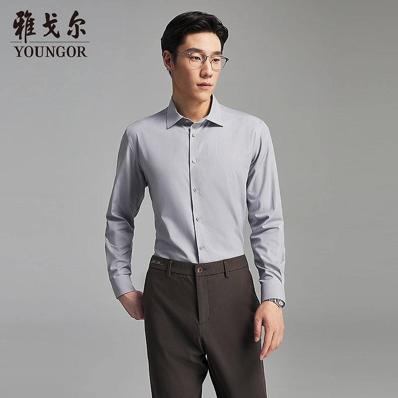 【可机洗绵羊毛+抗静电】雅戈尔新款条纹绒面保暖长袖衬衫男纯色