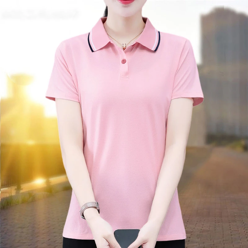 短袖女t恤2025新款夏季翻领白色POLO衫宽松大码女装正肩运动上衣