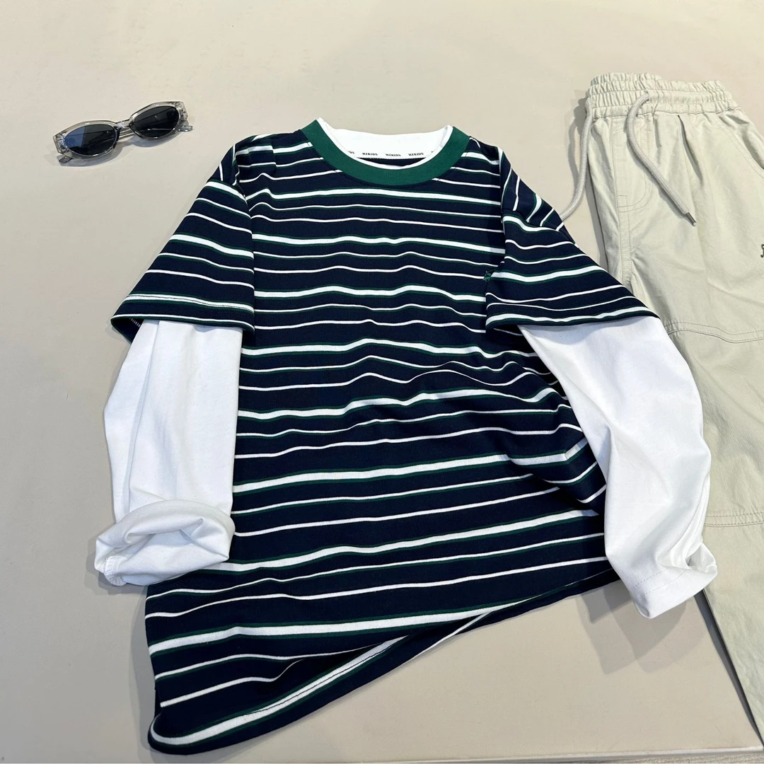 儿童春装韩范拼接条纹T恤男童中大童女宝宝假两件长袖T恤 25076