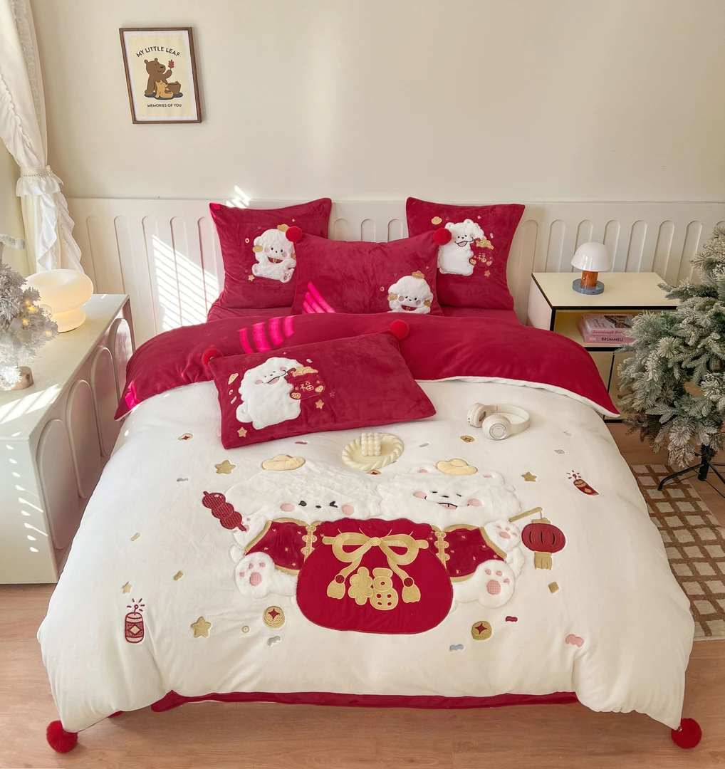 新年小狗 A类全消光加厚牛奶绒三四件套 不掉毛无静电不跑被