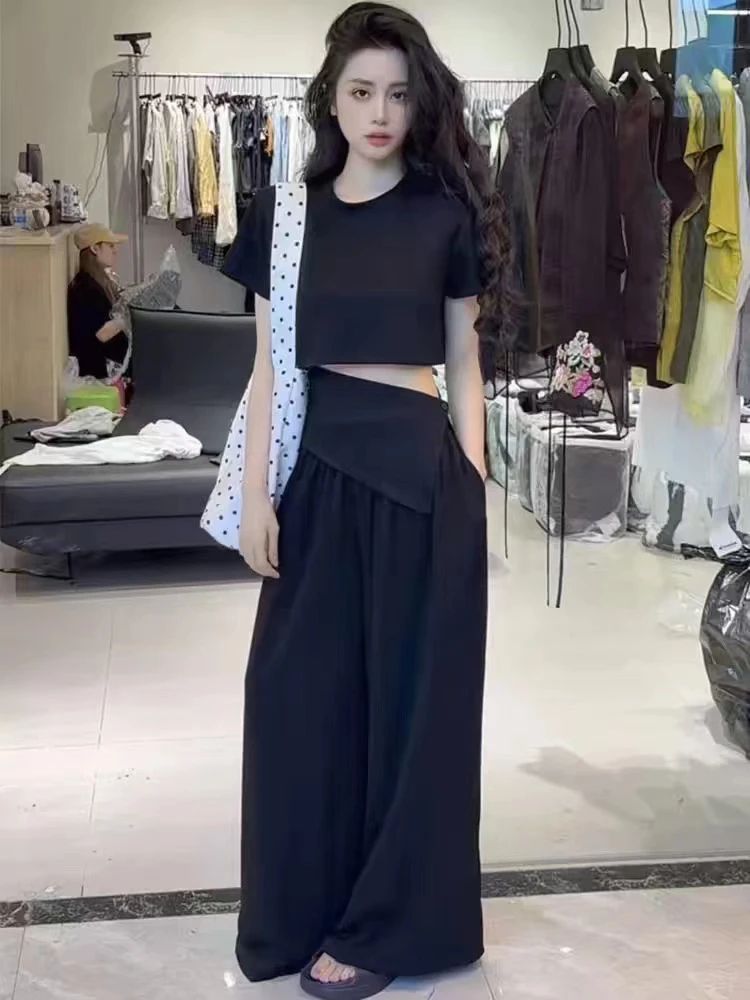 351韩系套装时尚气质显瘦短袖T恤女翻边不规则高腰阔腿裤两件套