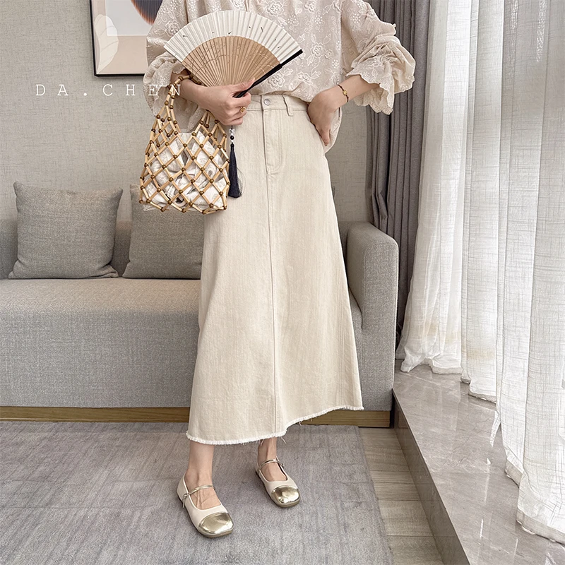 DA【清-秋款】廓形杏调牛仔半裙-KC929