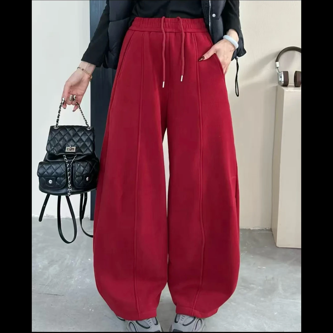 【玫瑰缘设计师百搭显瘦休闲加绒加厚宽松弯刀红色松紧休闲裤