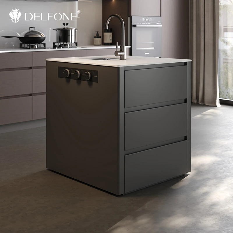 德利丰岩板岛台中岛台吧台主导太水槽插电家用北欧方形轻奢简约