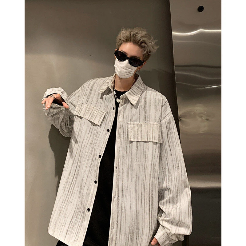 春季新款男士灯芯绒扎染印花外套高街潮流日常宽松百搭休闲花衬衫