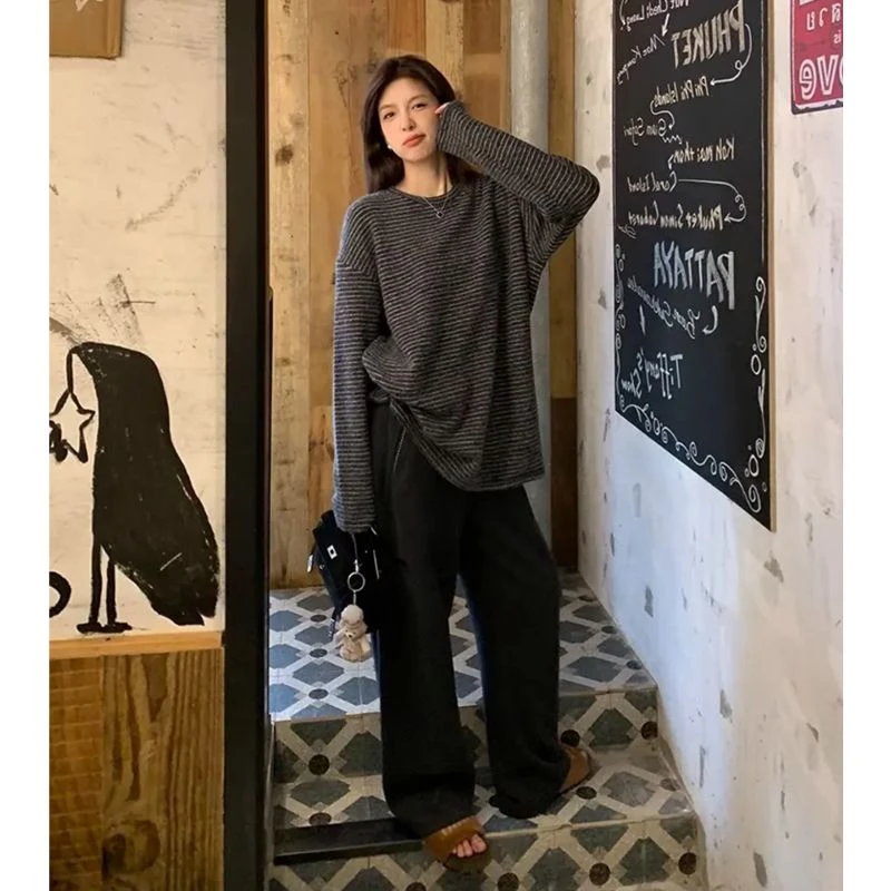 慵懒风磨毛绒加厚条纹长袖T恤女秋冬新款宽松打底上衣