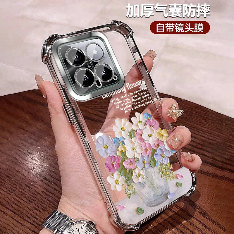 适用小米14pro手机壳网红彩色花朵透明四角防摔软硅胶全包镜头膜
