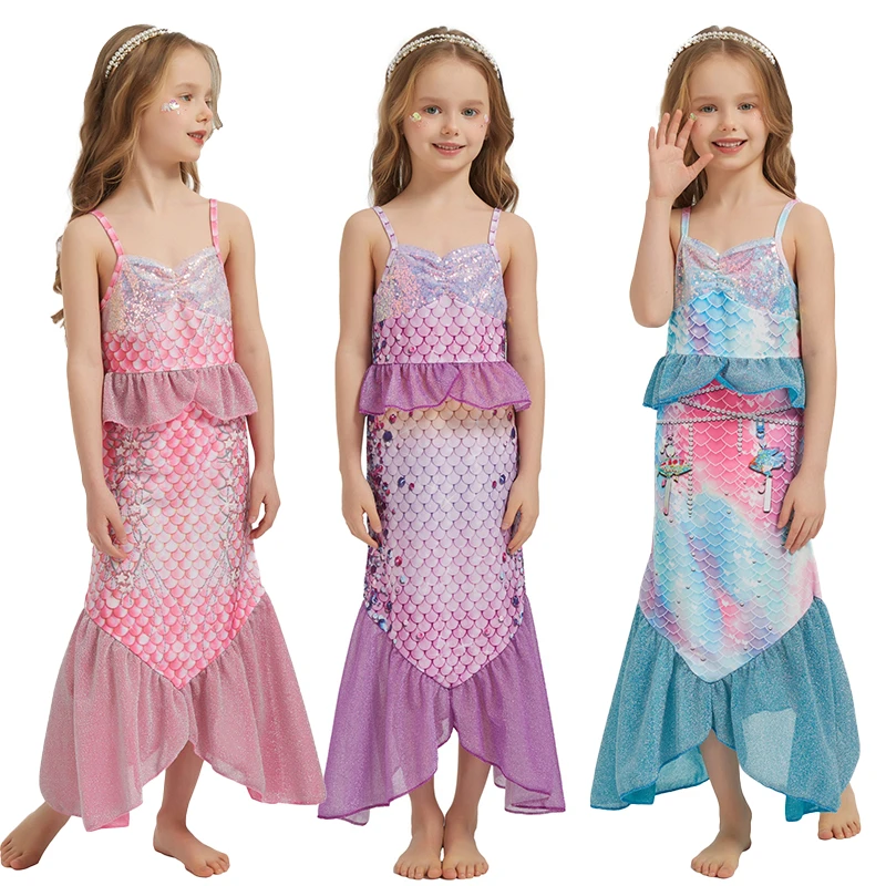 女童万圣节美人鱼连衣裙儿童洋气亮片无袖公主裙鱼尾长裙宝宝演出