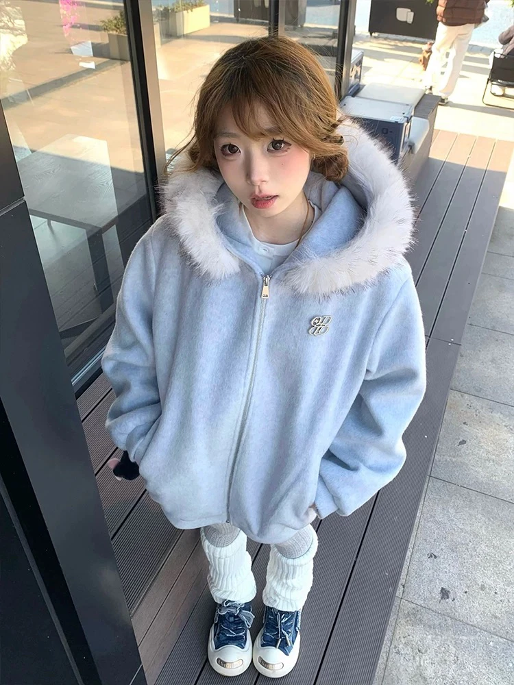 连帽毛呢子大衣女秋冬季保暖显瘦高级感休闲拉链蓝色卫衣外套