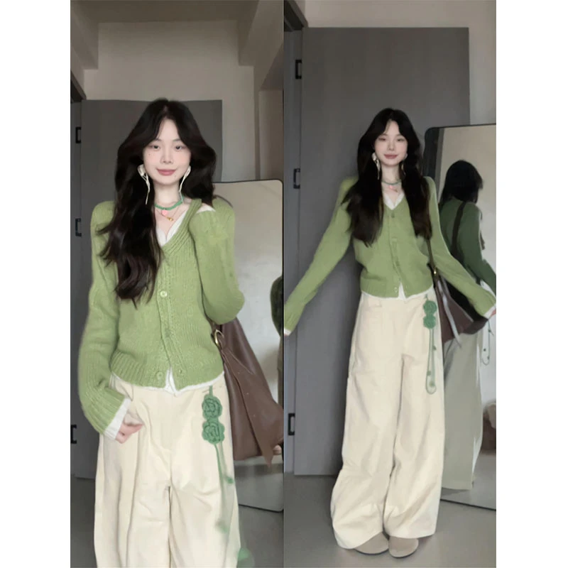 温柔风森系假两件软糯针织开衫女秋冬季宽松慵懒毛衣外套百搭裤子