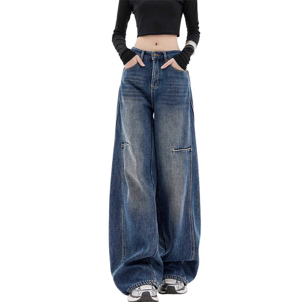 美式复古蓝色弯刀牛仔裤女春季2025新款大码镰刀宽松拖地阔腿裤子