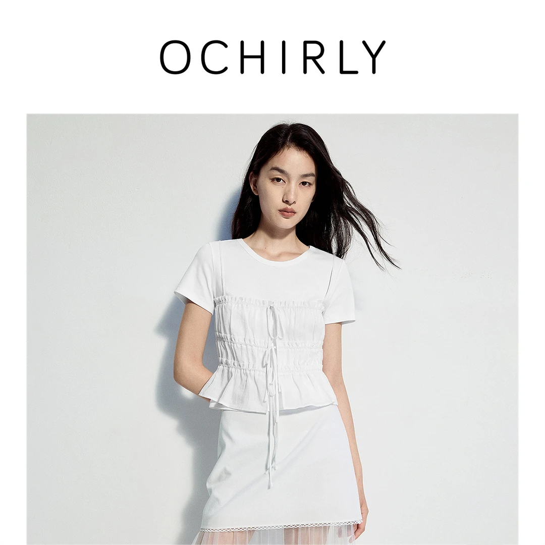 OCHIRLY欧时力丝光圆领短袖t恤女配系带背心夏季商场同款2025新品