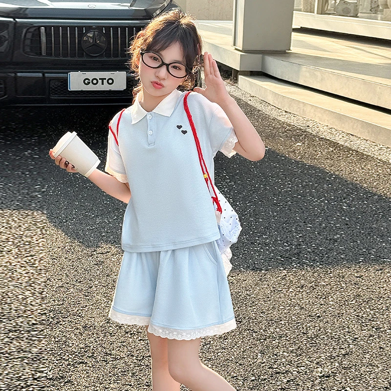 女童夏装短袖polo衫套装2025新款中大童6-12岁蕾丝短裤洋气学院风