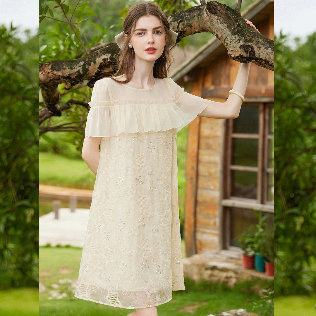 时尚蕾丝连衣裙女夏季2025新款甜美仙气雪纺裙荷叶边气质直筒中裙