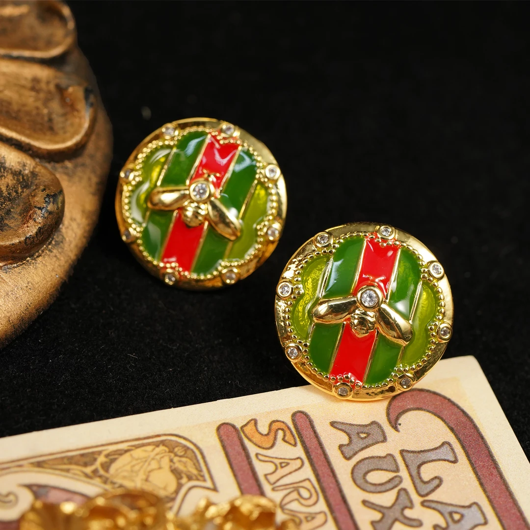 铜合金珐琅耳饰 【3375】LeLe 耳钉 经典珐琅红绿配色小蜜蜂