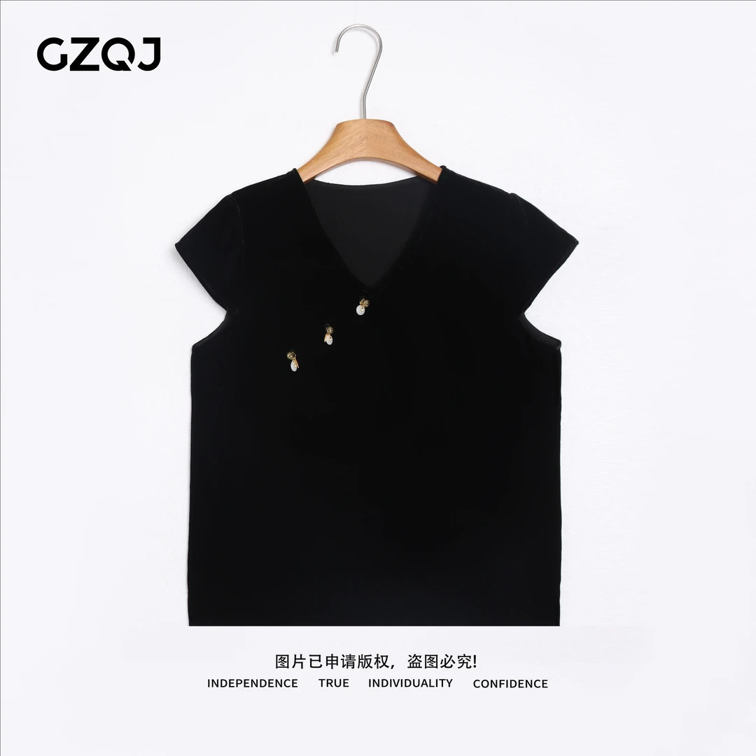 广州琴姐【旧时光】真丝丝绒欧若风国风盘扣V领短袖上衣女夏季37439