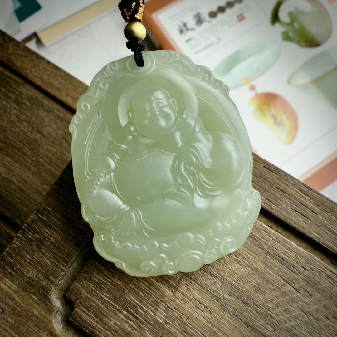 天然高冰和田玉弥勒佛吊坠挂件玉石佛公笑佛挂件吊坠保真天然