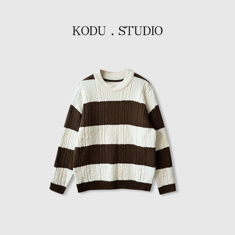 Y【刻度KODU】FD-4871秋冬季经典日系复古圆领宽条纹百搭针织毛衣