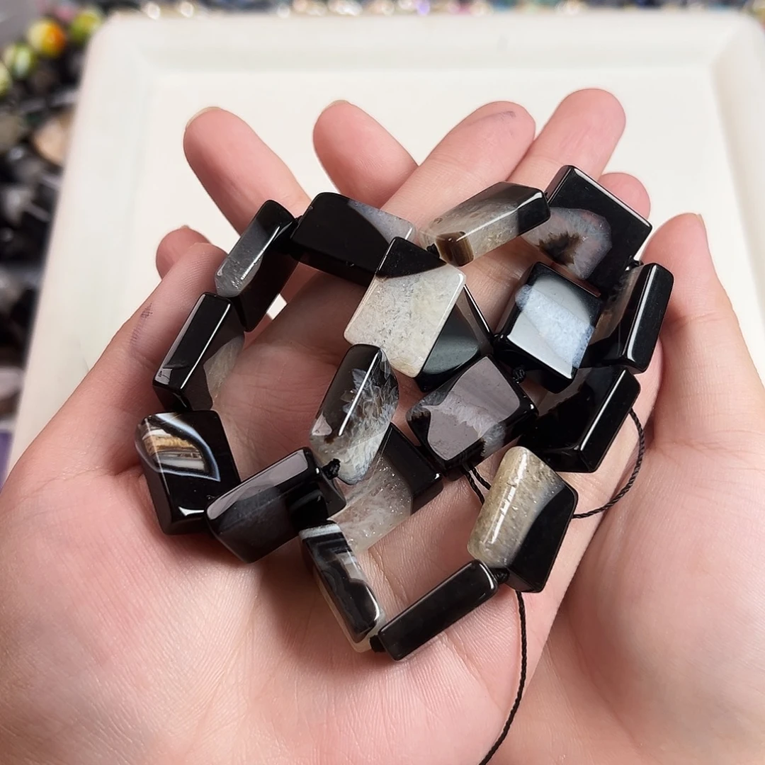 未镶嵌玛瑙/玉髓珠宝半成品a387 玛瑙共生水晶黑白方块