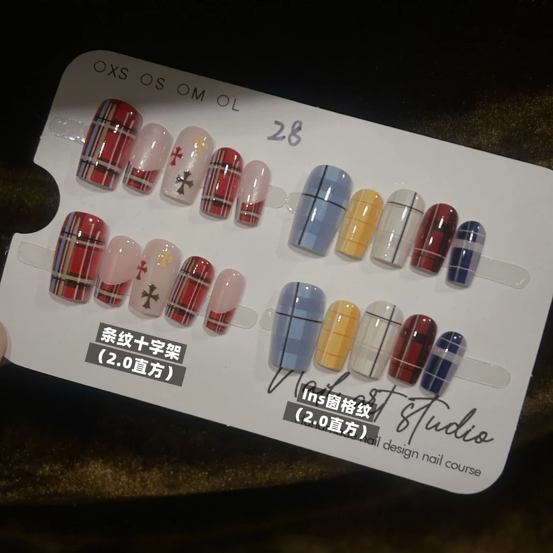 Ins风通勤窗格条纹十字架法式穿戴式美甲10片装