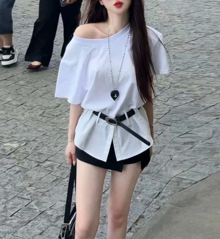 大码女装20837韩系辣妹风斜肩短袖T恤女夏季收腰显瘦腰带设计感