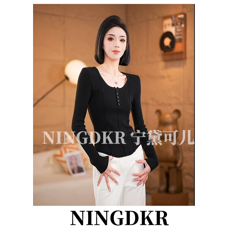 优B30102高级感气质收腰修身时尚U型领针织小衫女长袖百搭薄款