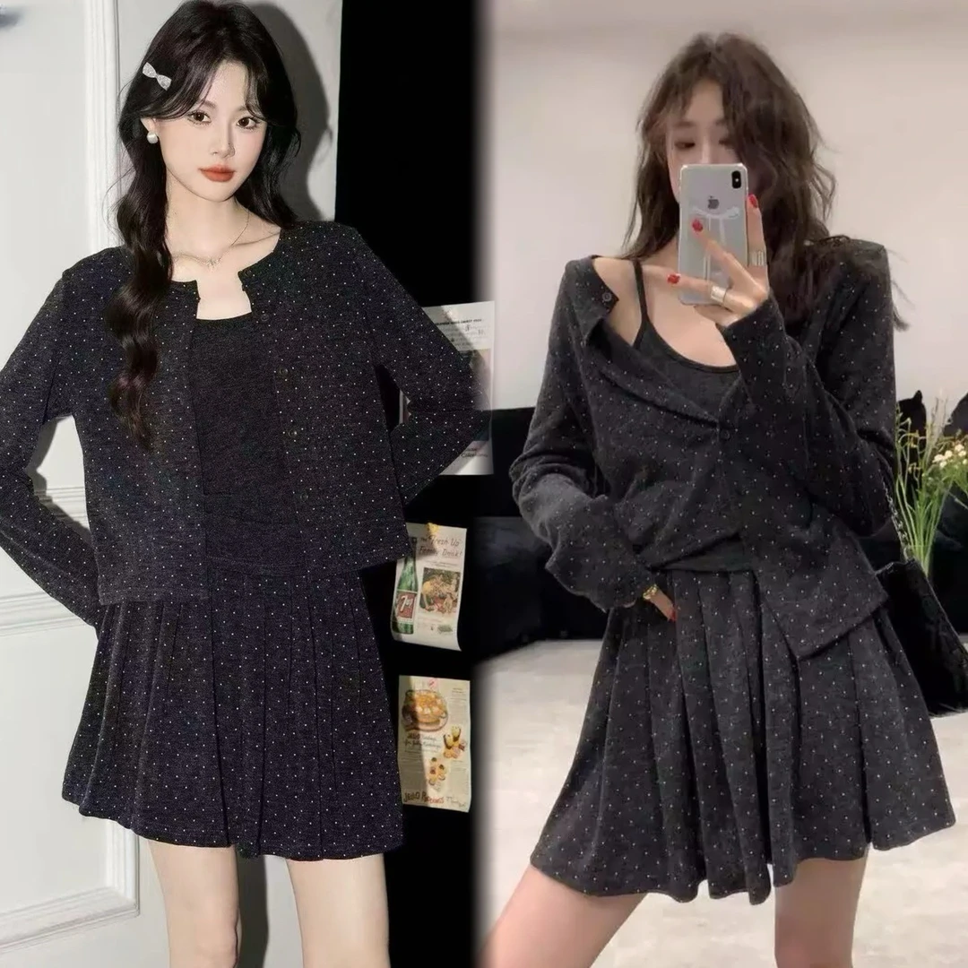 韩系甜美大码胖MM波点开衫丹宁风吊带显瘦百褶裙套装