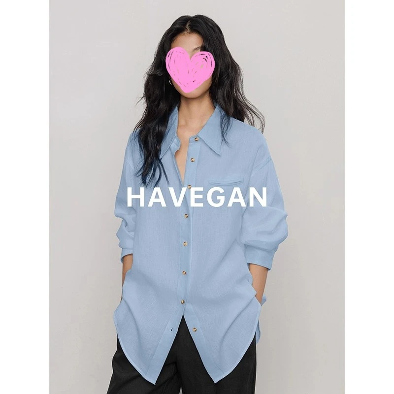 慵懒风休闲长袖衬衫外套女夏季2025新款长款宽松显瘦开衫衬衣ins