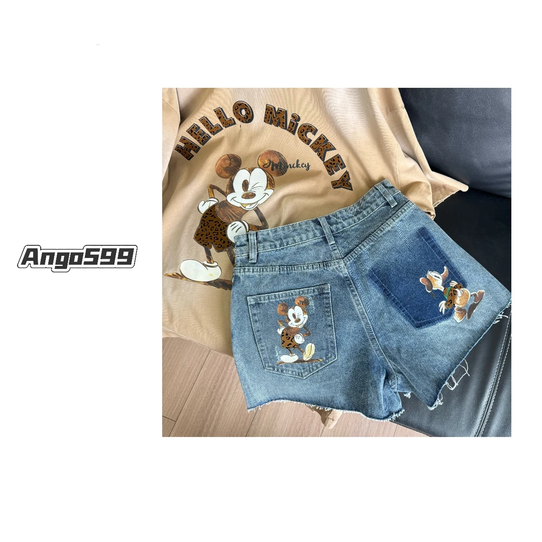 豹纹牛仔短裤* 出口订单夏季百搭高腰做旧毛边下摆牛仔短裤