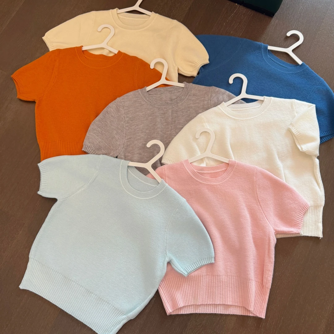 2025夏季新款圆领正肩针织短袖温柔风设计感显瘦百搭纯色上衣女