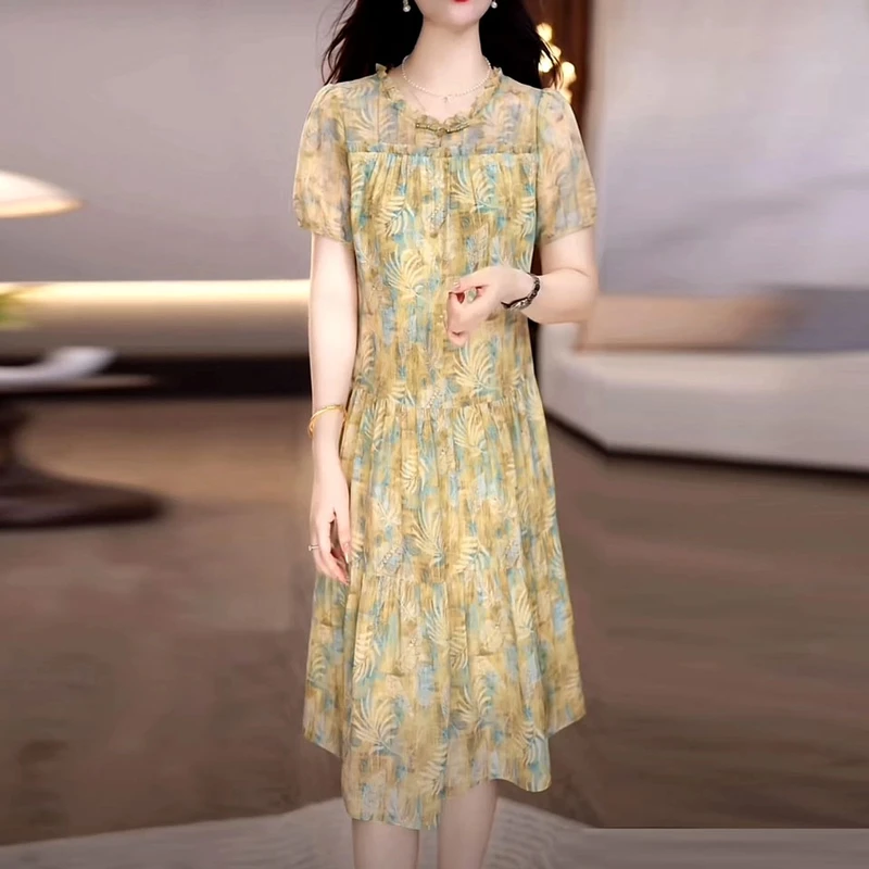 2025夏季新款轻羽丝时尚碎花洋气连衣裙修身收腰遮肉减龄气质裙子