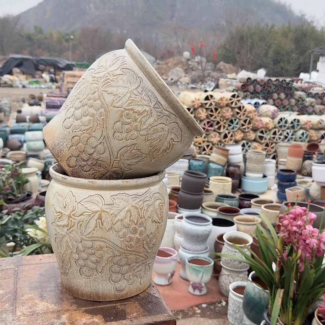 紫砂花盆口20高21（柴烧两个葡萄