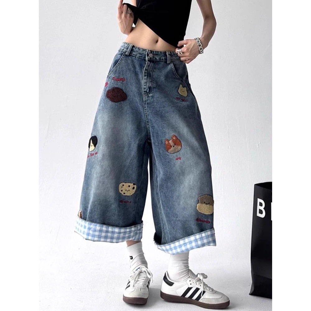 ins超火牛仔短裤女美式水洗做旧小狗刺绣潮流复古宽松阔腿七分裤