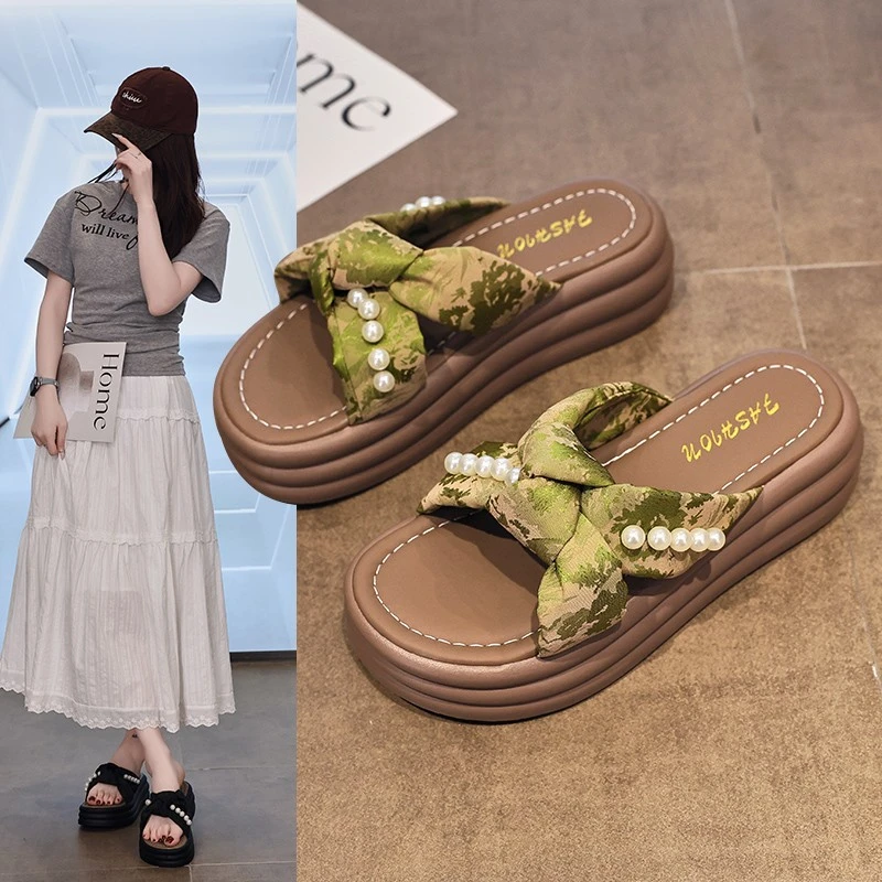 夏季新款2025国风海带结舒适时尚百搭轻奢高级感爆款交叉拖鞋珍珠