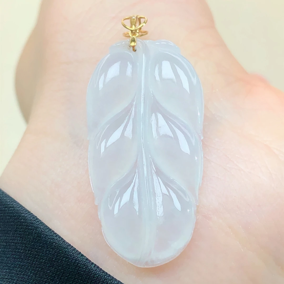 是18k金镶嵌天然a货翡翠高档冰种白冰叶子树叶金枝玉叶吊坠直播z