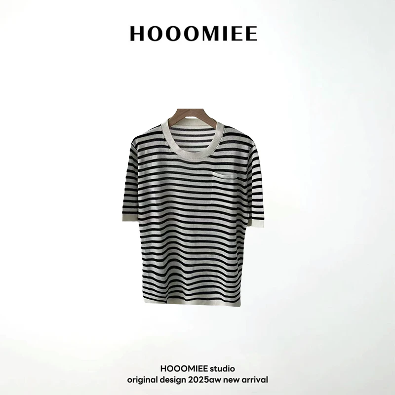 Hooomiee经典简约条纹百搭亚麻口袋针织女士短袖上衣24051
