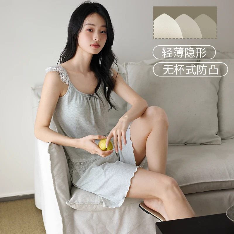 带胸垫吊带睡衣女夏季无袖短裤开衫罗纹背心纯欲风甜美家居服套装