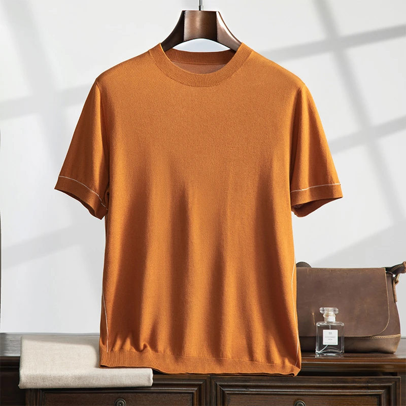 山羊绒康赛妮10%+丝光羊毛20%+桑蚕丝70%夏季男士圆领套头短袖T恤