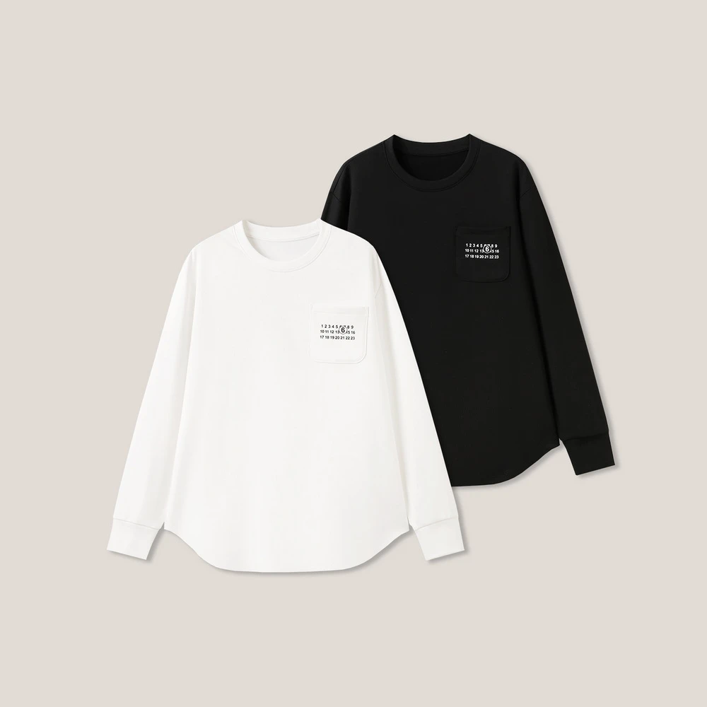 口袋数字圆领简约款长袖T恤打底衫ss26449