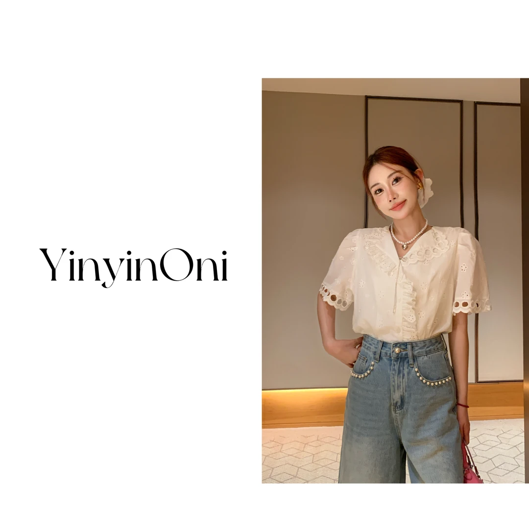 茵茵欧尼（一见钟情）重工刺绣纯色衬衫 韩版夏季气质时尚上衣女