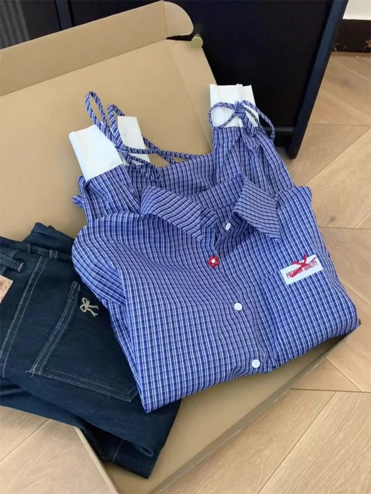 美式复古蓝色格子翻领长袖衬衫女春季小众设计感休闲宽松别致上衣