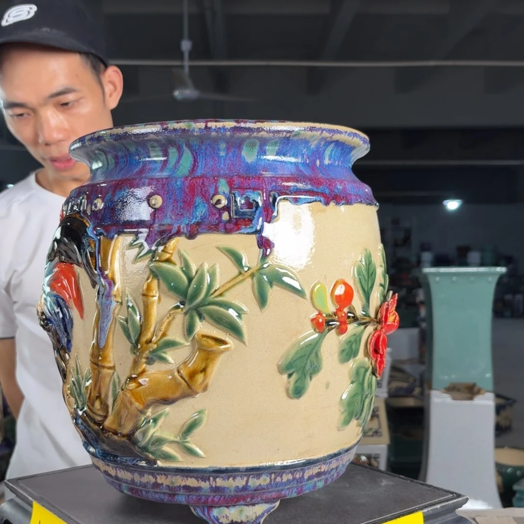 一风堂石湾花盆 流釉 内20*27