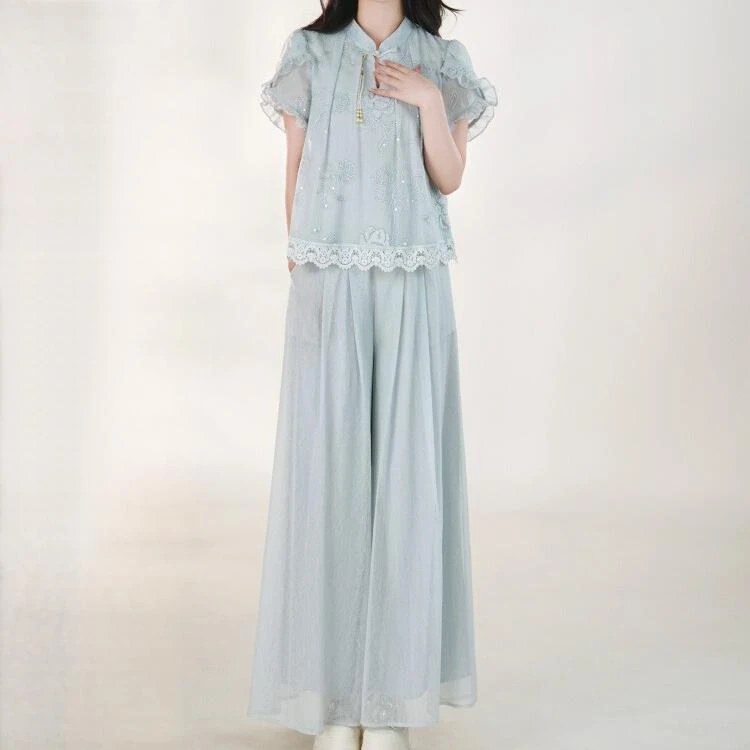 新中式国风高级感时尚气质百搭蕾丝花边上衣阔腿长裤套装